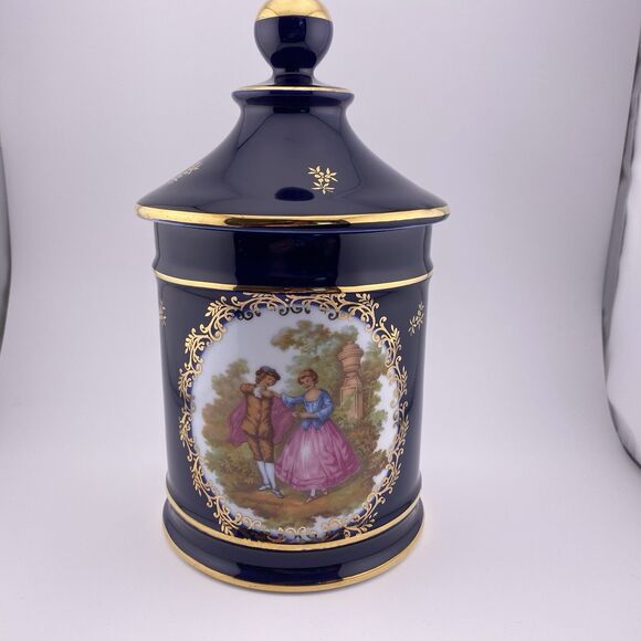 Vintage Limoges Cobalt Blue Gold Trim 9” Lidded Jar Courting Couple France - Picture 1 of 9